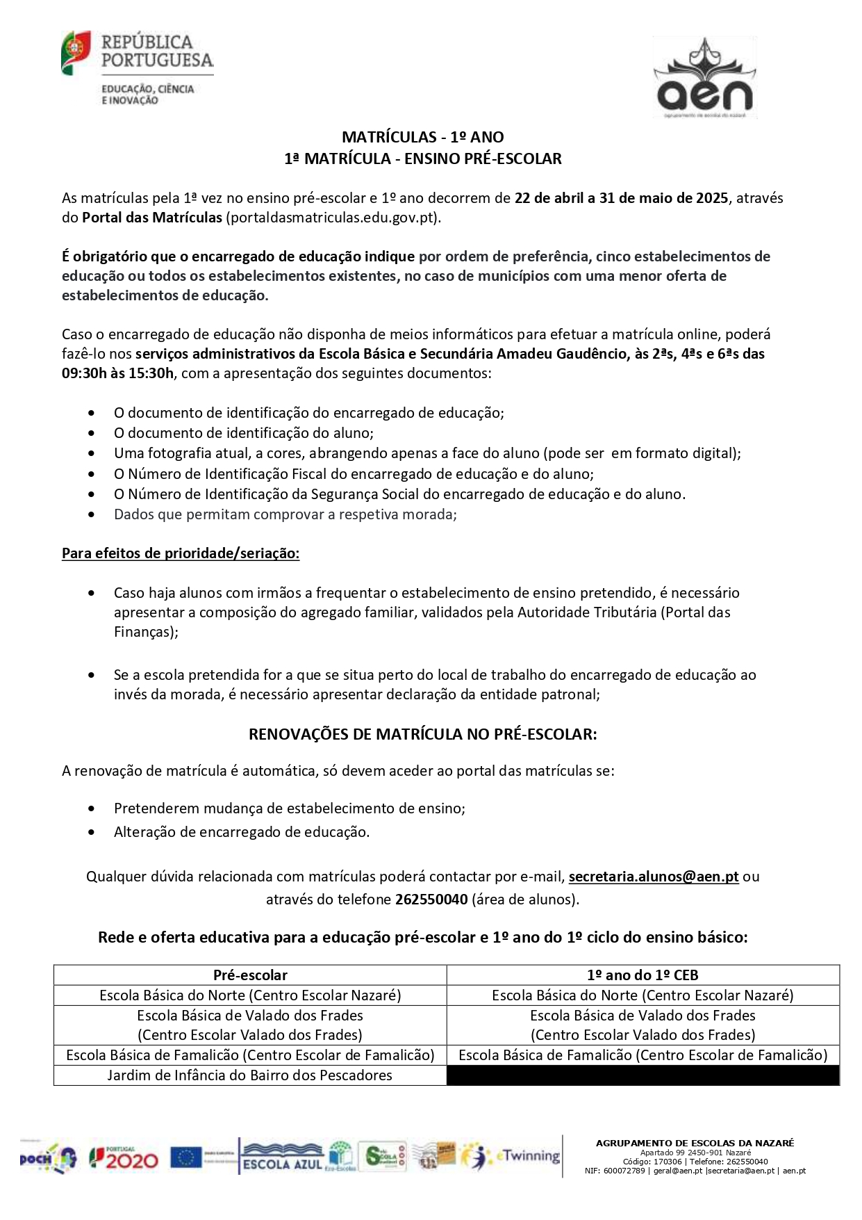 Matriculas Pré Escolar e 1 Ano 2025 2026