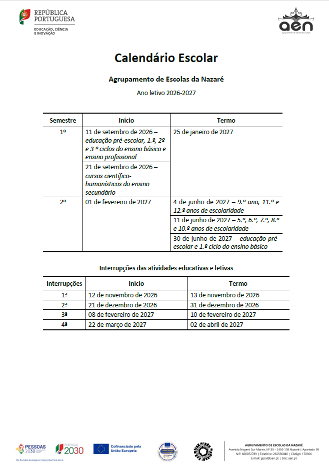 Calendário 2026/2027